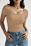 U Neck Short Sleeve Stretch Fabric Blouse - 2