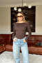 Women's Brown Boat Neck Cotton Basic Blouse - 2