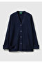 Women's navy blue wool and viscose blend ribbed button cardigan - 2