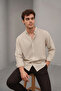 Summer Linen Textured Long Sleeve Cream/Beige Half Oversized Men's Shirt - 8