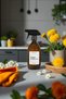 Bathroom Organizer Set with Wooden Stand, Amber Glass Bottle with Label, White Marble Tray, Scented Candle - 8