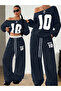 Women's Navy Blue 10 Printed Boat Neck Sweatshirt White Waist Detailed Sweatpants Two-Piece Bottom-Top Set - 2