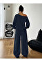 Women's Navy Blue 10 Printed Boat Neck Sweatshirt White Waist Detailed Sweatpants Two-Piece Bottom-Top Set - 5