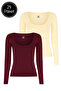 Women's 2-Pack Cream-Burgundy U-Neck Bodycon Long Sleeve Blouse