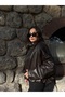 New Season Oversized Bomber Women's Bitter Brown Biker Leather Jacket - 4