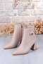 573205 Buckle Detailed Pointed Toe 7 cm Thick Heel Zippered Women's Boots - 7