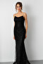 Women's Black Slim Fit Strap Beaded Long Mermaid Evening Dress - 3