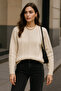 Women's Ecru Knitted Patterned Long Sleeve Soft Textured Crew Neck Knitwear Sweater - 3