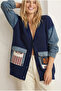 Women's Navy Blue Denim Pocket Cardigan with Kilim Pattern, Denim Sleeves, Oversize Buttoned, 100% Cotton Knit