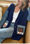Women's Navy Blue Denim Pocket Cardigan with Kilim Pattern, Denim Sleeves, Oversize Buttoned, 100% Cotton Knit - 2