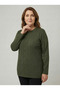 Women's Khaki Crew Neck Embossed Patterned Long Sleeve Knitwear Sweater
