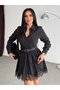 Belt Detail Lace-Hemmed Ruffled Mini Black Shirt Dress - Long-Sleeved Chic Tunic Dress 7626 - 2