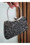 Women's Anthracite Evening Dress Bag with Large Crystal Stone Hand and Long Chain Strap - 2