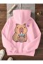 Women's Pink Capybara Printed Hooded Hoodie Sweatshirt - 3