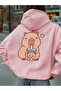Women's Pink Capybara Printed Hooded Hoodie Sweatshirt
