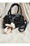 Shiny Leather Women's Bag with Hand & Shoulder Strap and Teddy Bear - 5