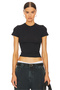 Women's Black Double Layer Sandy Fabric Crew Neck Short Sleeve Crop T-Shirt
