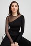 Women's Black Tulle Detailed Asymmetrical Cut Sandy Fabric Long Sleeve Blouse