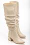 Syt-2002 Beige Wrinkled Patent Leather Bellows Thick Heeled Casual Boots - 5