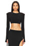 Women's Black Double Layer Sandy Fabric Shoulder Pad Pack Crew Neck Hand Knitted Long Sleeve Crop Blouse