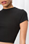 Women's Black Crew Neck Short Sleeve Corded Fabric Double Layer Crop Blouse - 3