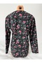Women's Black Floral Patterned U-Neck Long Sleeve Side Slit Suede Mother Combed Cotton T-Shirt - 6