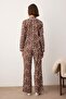 Kahverengi %100 Pamuklu Leopar Desenli Gömlek-Pantolon Örme Pijama Takımı THMAW21PT0489 - 4