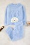Açık Mavi Mini Me Peluş Örme Kız Çocuk Kalın Pijama Takımı TKDAW26PT00014 - 2