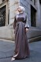 Balloon Sleeve Stoned Shimal Evening Dress-Brown