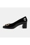 Women's Black Patent Leather Heeled Shoes with Metal Buckle Accessories - 3