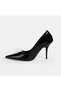 Women's Black Stone Buckle Detailed Patent Leather Heeled Evening Shoes - 3