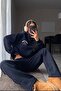 Navy Blue Hooded Printed Women's Tracksuit Set Mg2524 - 2