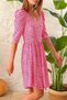 Women's Pink Wrapped Balloon Sleeve Gathered Waist Dress Viscose Gathered - 5