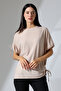 Flores Women's Soft Touch Batwing Sleeve Right Shoulder and Left Hem Tunnel Lace Diagonal Jacquard Knitted Blouse - Beige