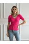 Women's Pink Knitwear V-Neck T-Shirt - 3