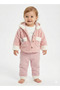 Baby Girl Ribbon Pocket Detailed Hooded Plush 3-Piece Tracksuit Set (9-12-18 Months)
