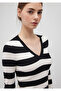 V-Neck Striped Black Sweater Fitted / Bodycon Cut 1710544-85407 - 5