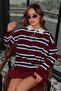 Burgundy Striped Button-Down Polo Collar Women's Knit Sweater Tuma2280 - 6