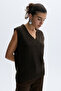 Women's Brown Loose Fit Textured V-Neck Sweater