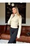 Women's Beige Slim Fit Fleece Mock Neck Zippered Cardigan - 3