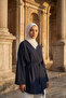 Navy Blue - 100% Cotton Pocketed Belted Women's Hijab Kimono 1166-Tes