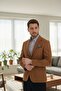 Fevual Men's Camel Mono Collar Diagonel Pattern Slim Fit Blazer Sports Jacket - 2