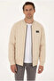 Men's Knitted 3-Thread Beige College Collar Zippered Pocket Ribbed Bomber Sweatshirt Jacket - 2