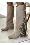 Beige Suede Tasseled Trok Detailed Casual Stylish Long Boots - 4
