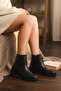 Low Heel Zippered Short Women's Black Boots with Gold Buckle Detail on the Side - 7