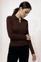 Women's Polo Neck Anthracite Melange Corded Fabric Ribbed Knit Long Sleeve T-Shirt - 2