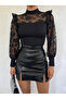 WOMEN'S SHOULDER RUFFLED HALF TURTLENECK LACE-TRIMMED STRETCH BLOUSE - 4