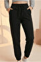 Women's Corded Waist and Elastic Leg Three Thread Fleece Inside Knitted Sweatpants Jogger Black - 2