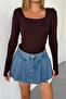 Brown Square Neck Finger Detailing Buzzy Fabric Slim Fit Body-Blouse