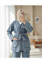 Buttoned Front Double Pocket Belted Denim Suit - Ice Blue - 2